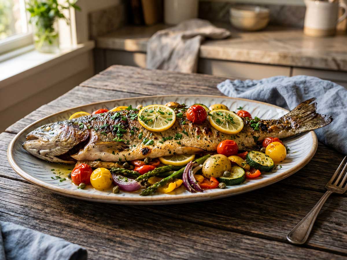 Forel bakken in een koekenpan met dikke bodem