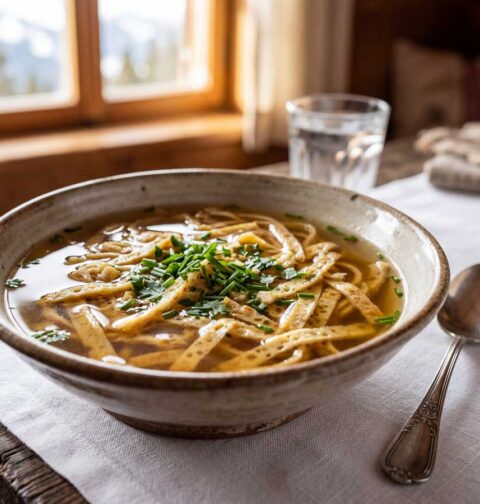 Fritattensuppe maken met echte bouillon en eierpannenkoeken