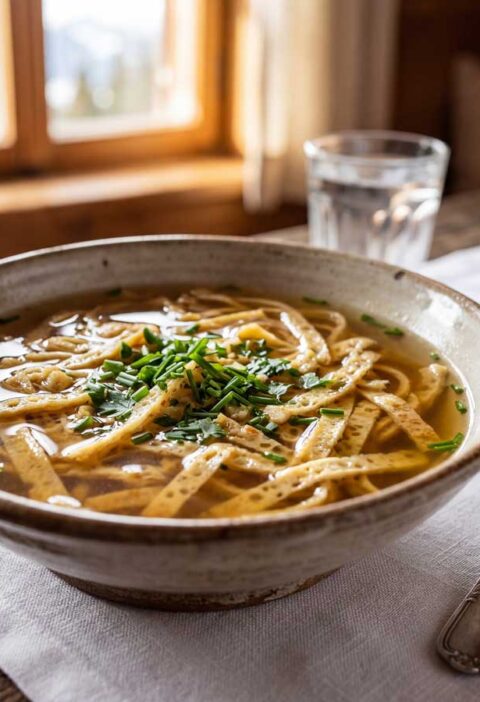 Fritattensuppe maken met echte bouillon en eierpannenkoeken