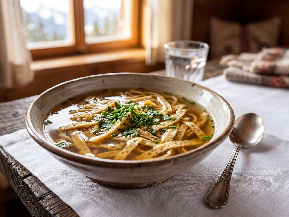 Fritattensuppe maken met echte bouillon en eierpannenkoeken