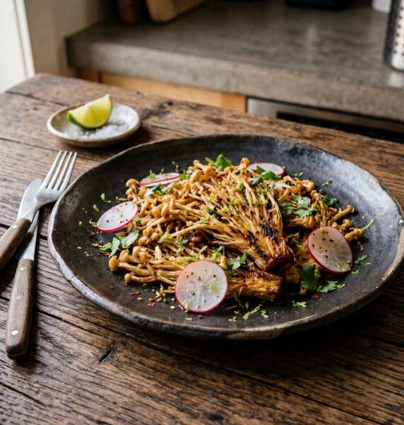 Gebakken enoki met radijs en kruiden