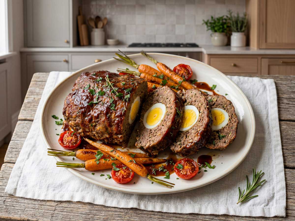 Gehaktbrood met ei maken in een oven, met geglaceerde wortels