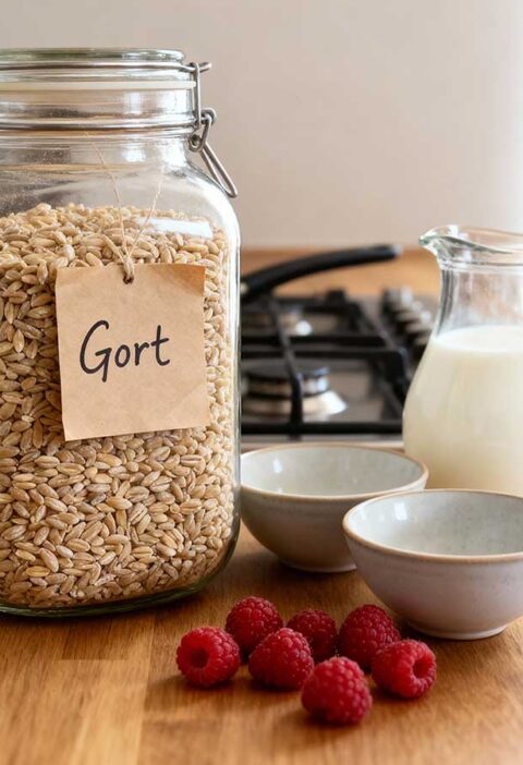 Een grote voorraasbus vol met gedroogde gort.