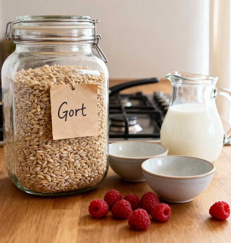 Een grote voorraasbus vol met gedroogde gort.