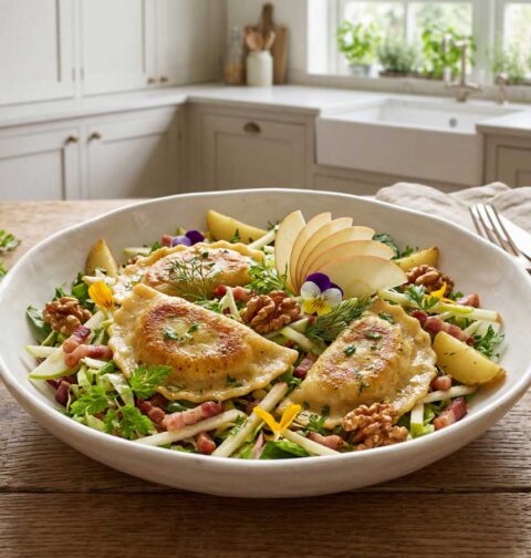 Groene salade met appel, spek en ravioli maken