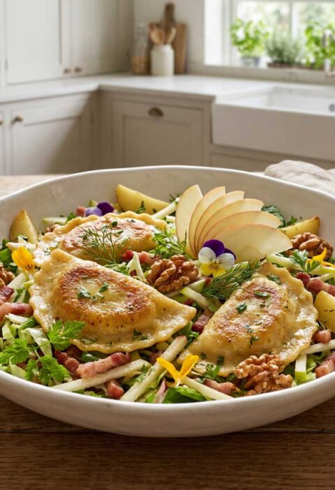 Groene salade met appel, spek en ravioli maken