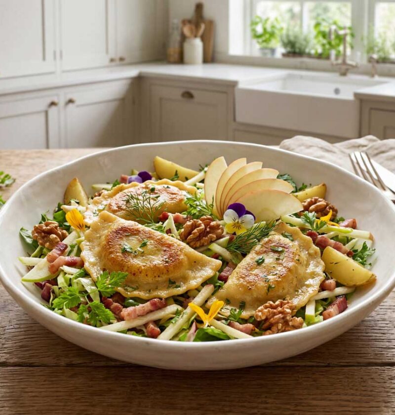 Groene salade met appel, spek en ravioli maken