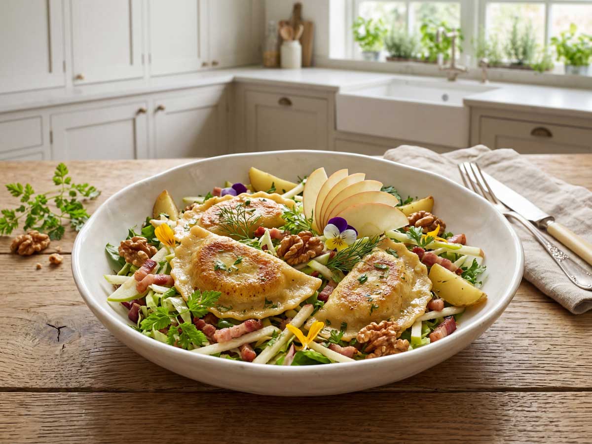 Groene salade met appel, spek en ravioli maken