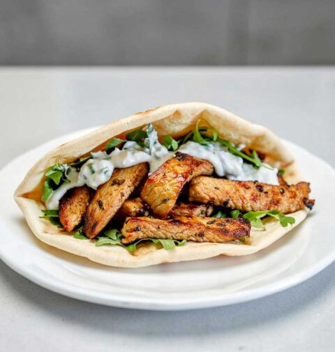 Een pitabroodje met sla, saus en gebakken gyros.