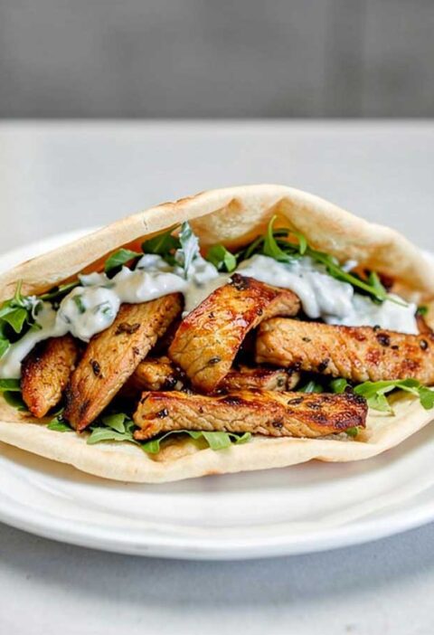 Een pitabroodje met sla, saus en gebakken gyros.