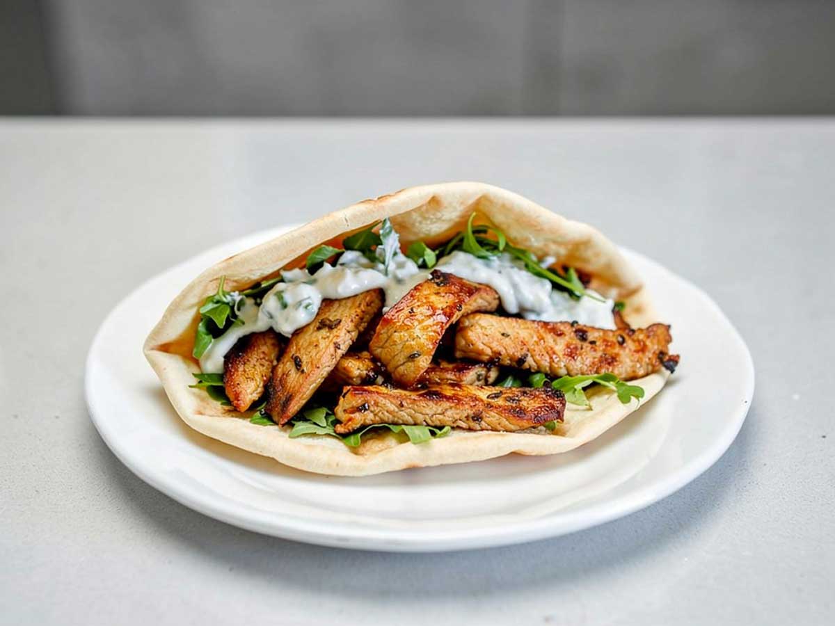 Een pitabroodje met sla, saus en gebakken gyros.