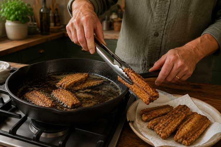Haal de paling uit de pan en leg hem op een bord met keukenpapier om overtollig vet op te nemen