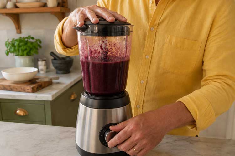 Haal de pan van het vuur en pureer de bosbessen met een blender