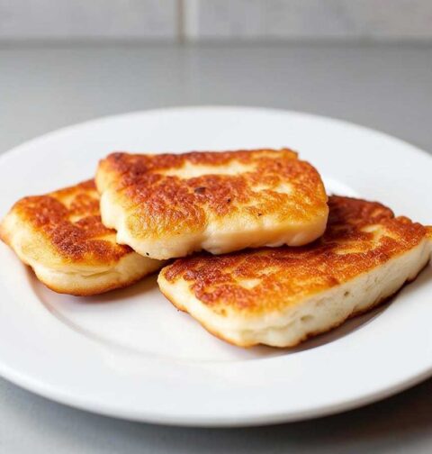 3 plakken gebakken halloumi op een wit bord.