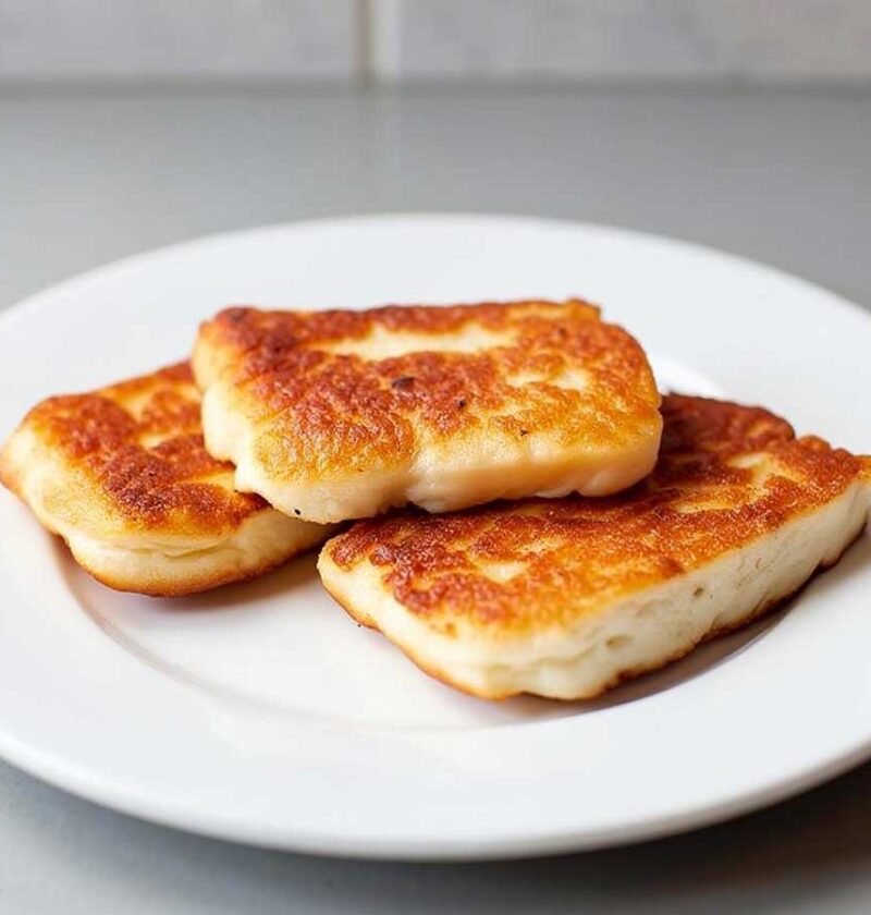 3 plakken gebakken halloumi op een wit bord.