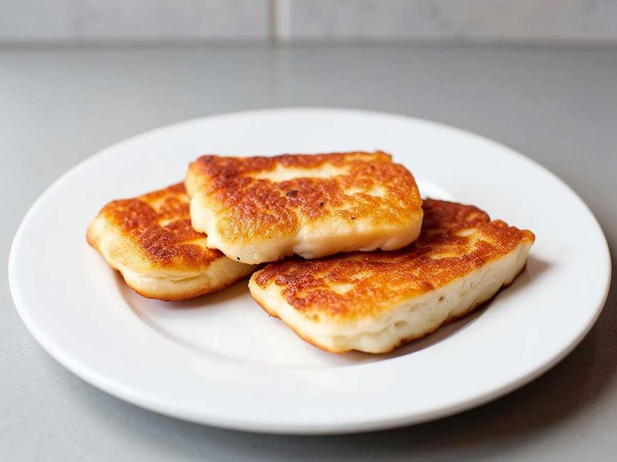 3 plakken gebakken halloumi op een wit bord.