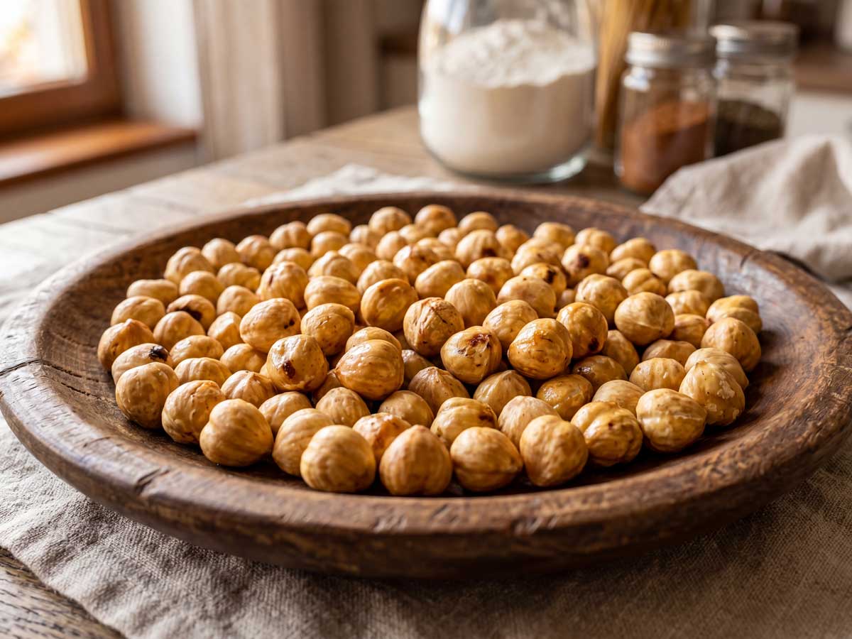 Hazelnoten roosteren in een hete koekenpan zonder olie of boter