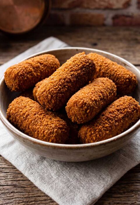 Kroketten frituren in een hete friteuse