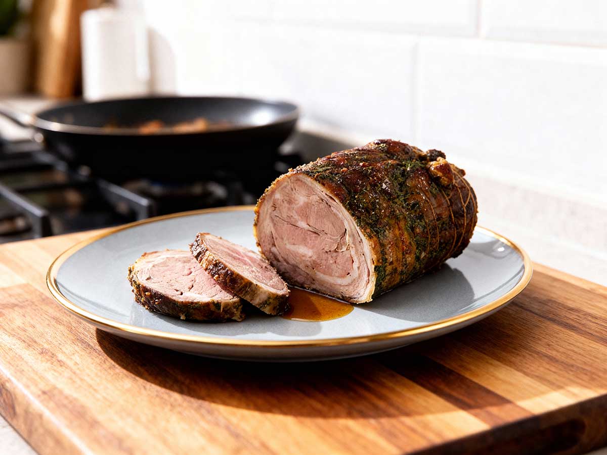 Een gebraden lamsrollade op een grijze schaal.