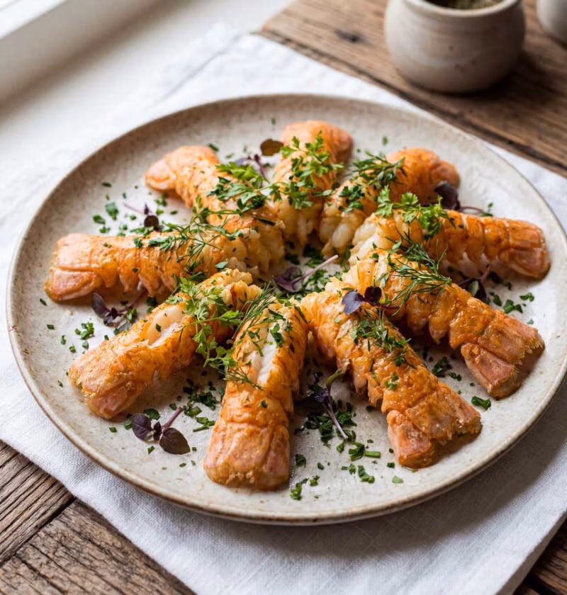 Langoustines bakken in een koekenpan met dikke bodem, zoals Wilhelmus Hengstmengel dat doet
