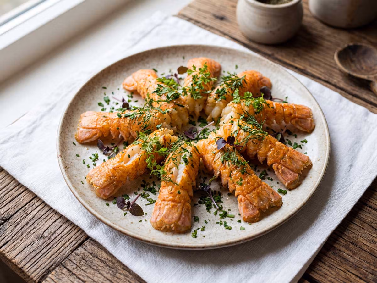 Langoustines bakken in een koekenpan met dikke bodem, zoals Wilhelmus Hengstmengel dat doet