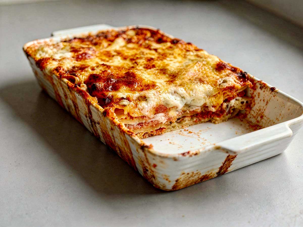 Een ovenschaal met, deels gegeten, Lasagne al Forno.