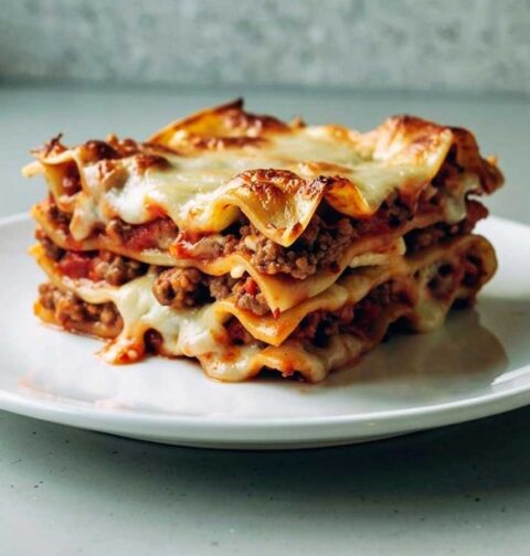 Een stuk opgewarmde lasagne op een wit bordje.