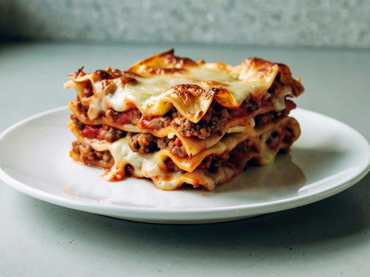 Een stuk opgewarmde lasagne op een wit bordje.