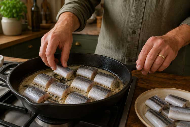 Leg de stukken paling in de pan en bak ze in 3 tot 4 minuten tot ze een goudbruine kleur hebben