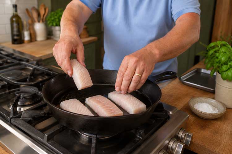 Leg de zeeduivelfilets in de pan. Bak de filets gedurende 3 tot 5 minuten aan één kant zonder de filets te bewegen