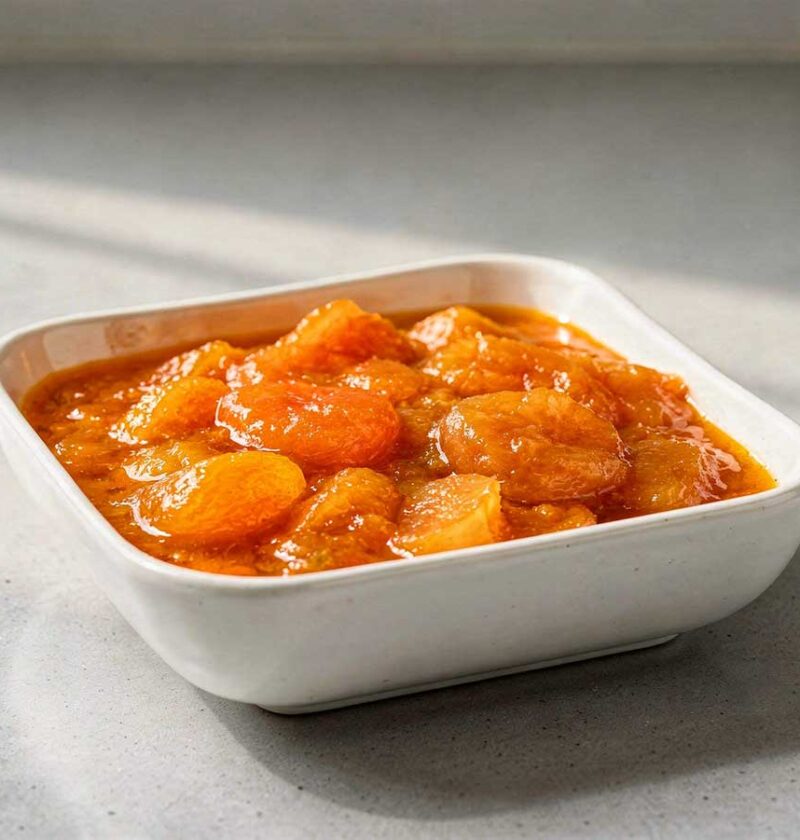 Een wit schaaltje met zelfgemaakte Marillenröster.