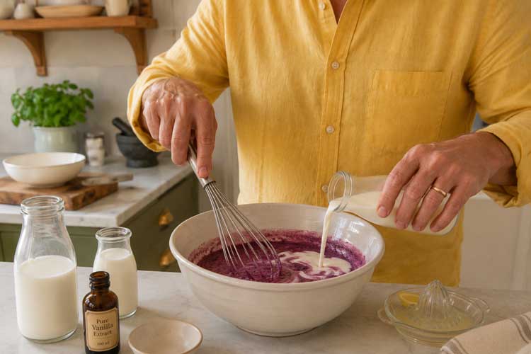 Meng in een kom de melk, de slagroom, het vanille-extract, het citroensap en de afgekoelde bosbessenpuree door elkaar