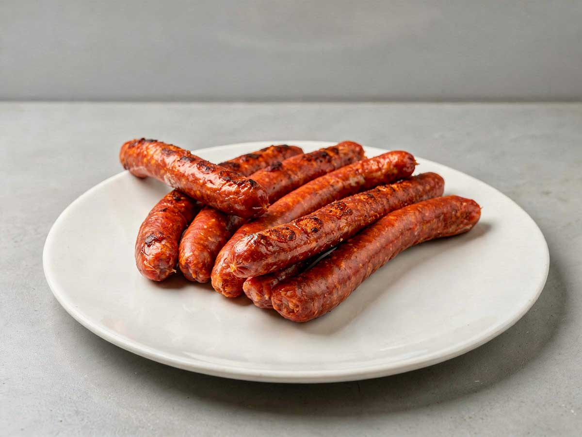 7 gebakken Merguez worstjes op een wit bord.