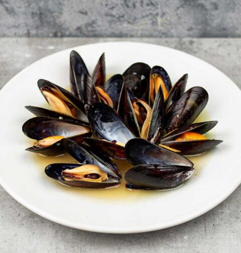 Een bord met gekookte mosselen en een beetje kookvocht.