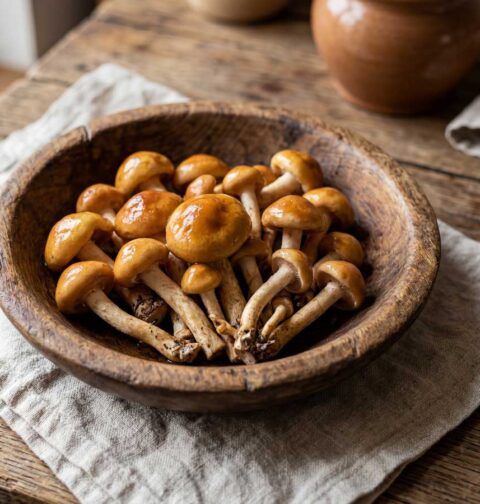 Nameko bakken in een koekenpan