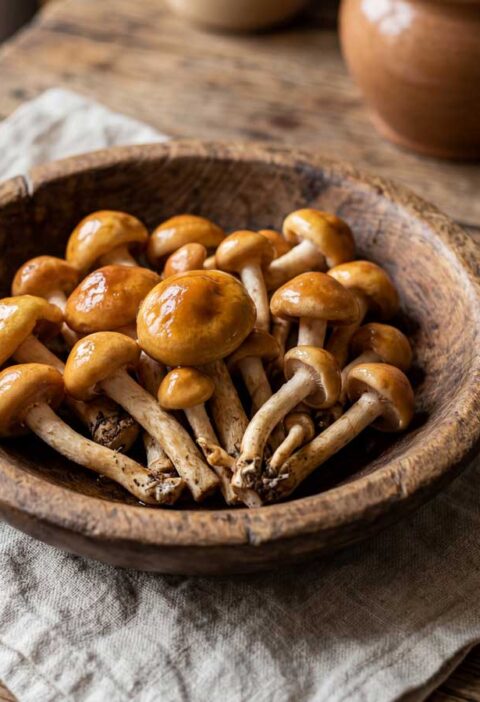 Nameko bakken in een koekenpan
