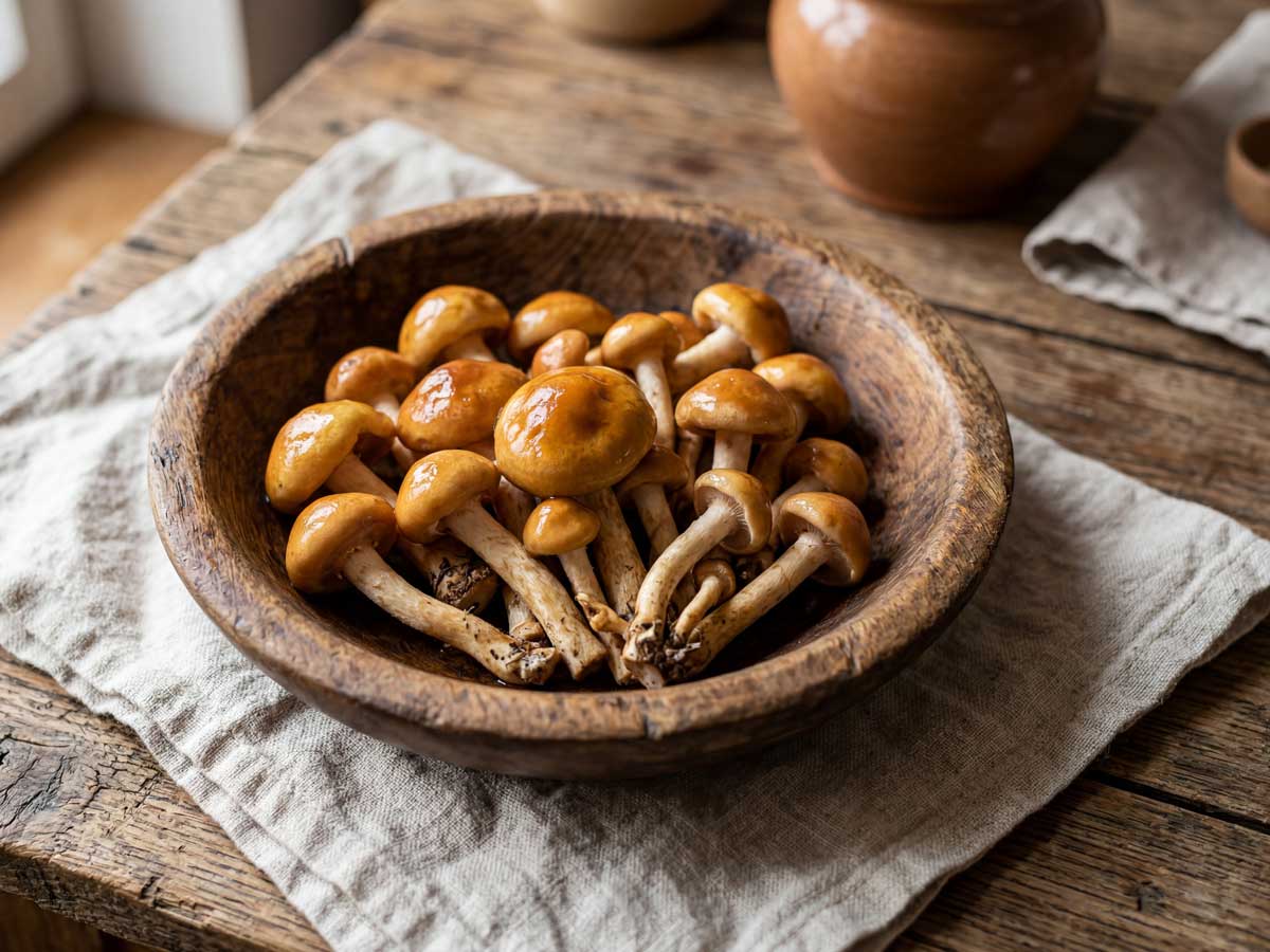 Nameko bakken in een koekenpan