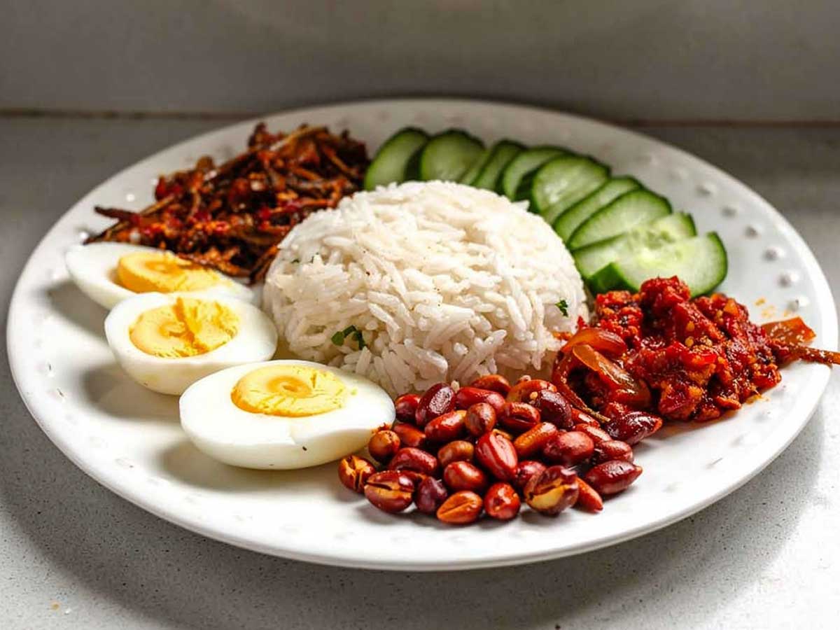 Een bord met nasi lemak, alle delen separaat.
