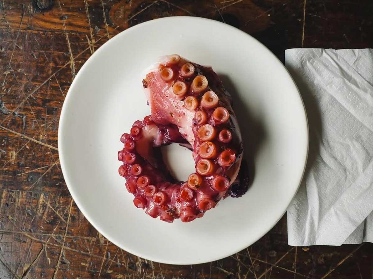 Een tentakel van een octopus, gekookt en gaar.