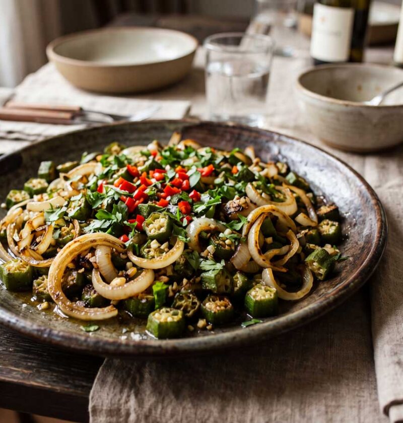 Okra bakken in een koekenpan