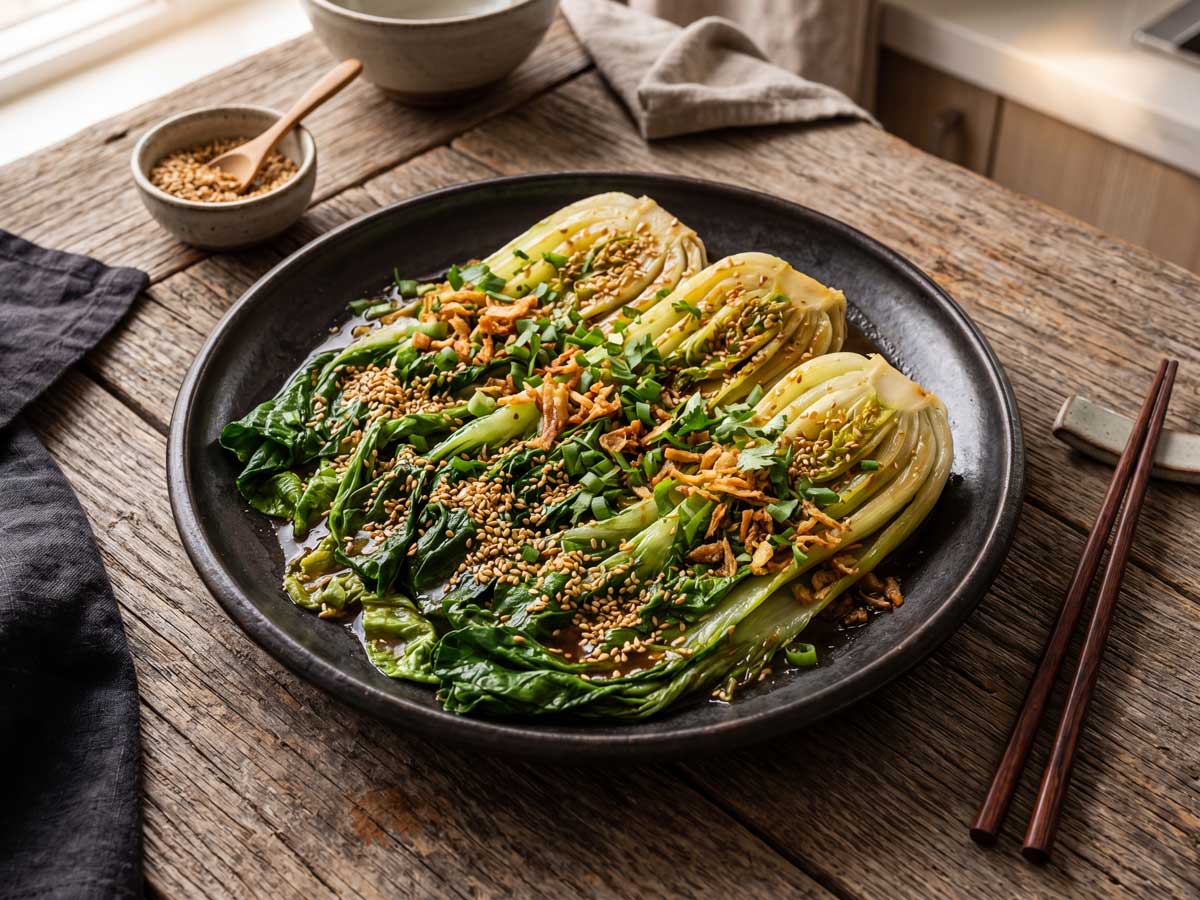Paksoi bakken in koekenpan of wok