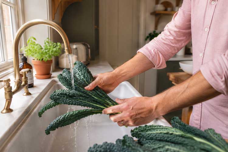 Palmkool wassen onder de koud stromende kraan