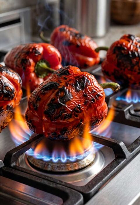 Paprika roosteren op een gaspit van het zespits gasfornuis van Wilhelmus Hengstmengel