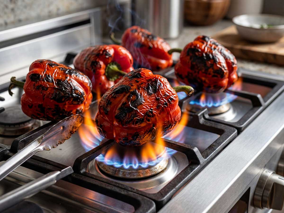 Paprika roosteren op een gaspit van het zespits gasfornuis van Wilhelmus Hengstmengel