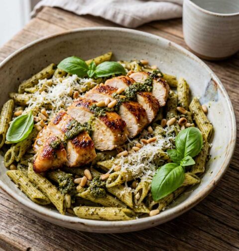 Pasta pesto met kip maken met geraspte kaas