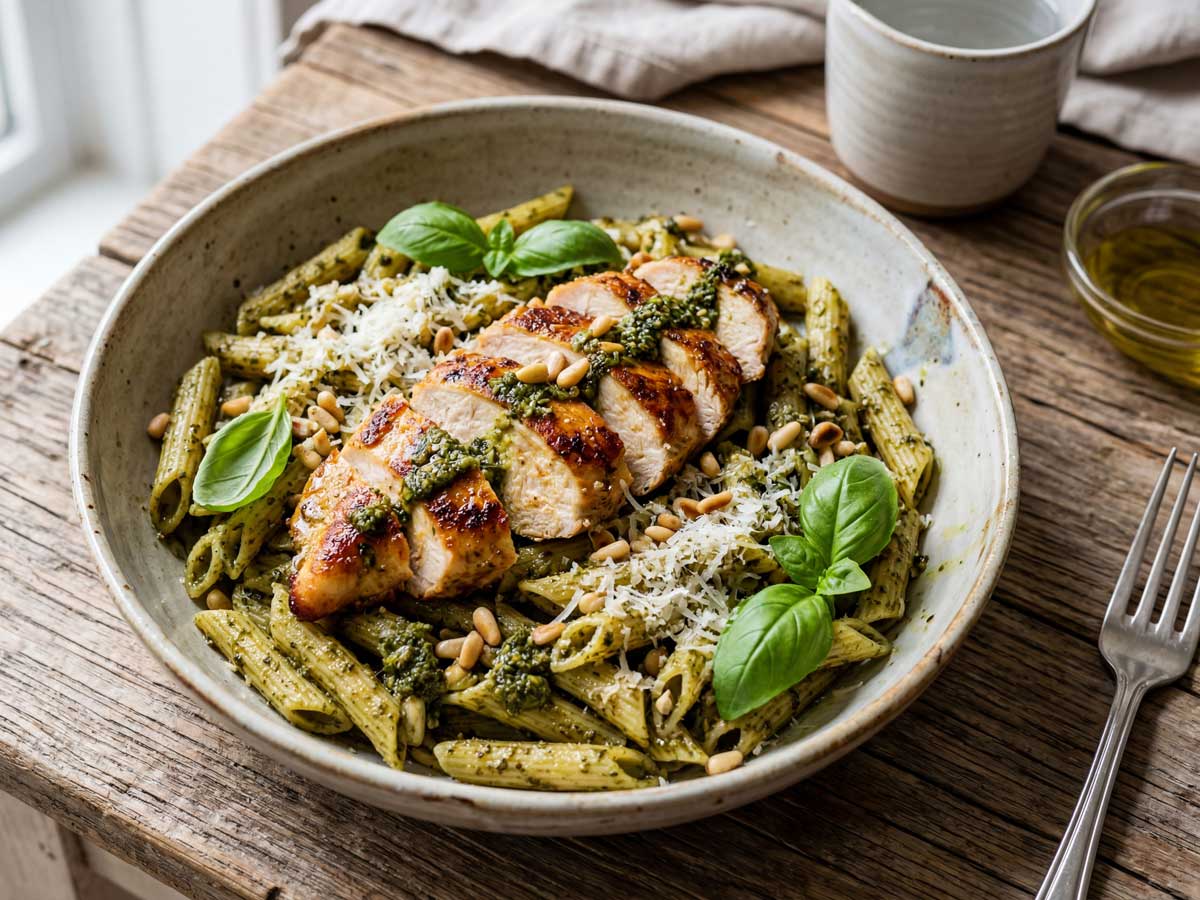 Pasta pesto met kip maken met geraspte kaas