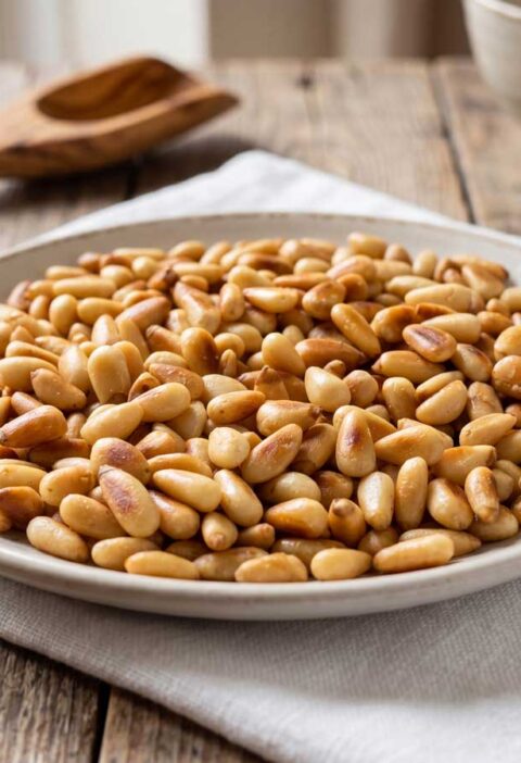 Pijnboompitten roosteren in een gietijzeren pan in de keuken van Wilhelmus Hengstmengel