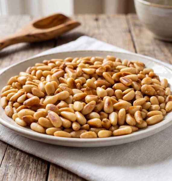 Pijnboompitten roosteren in een gietijzeren pan in de keuken van Wilhelmus Hengstmengel