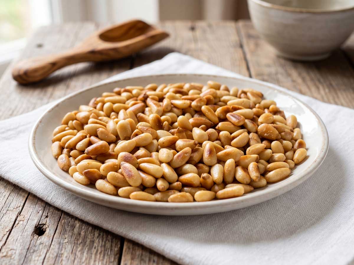 Pijnboompitten roosteren in een gietijzeren pan in de keuken van Wilhelmus Hengstmengel