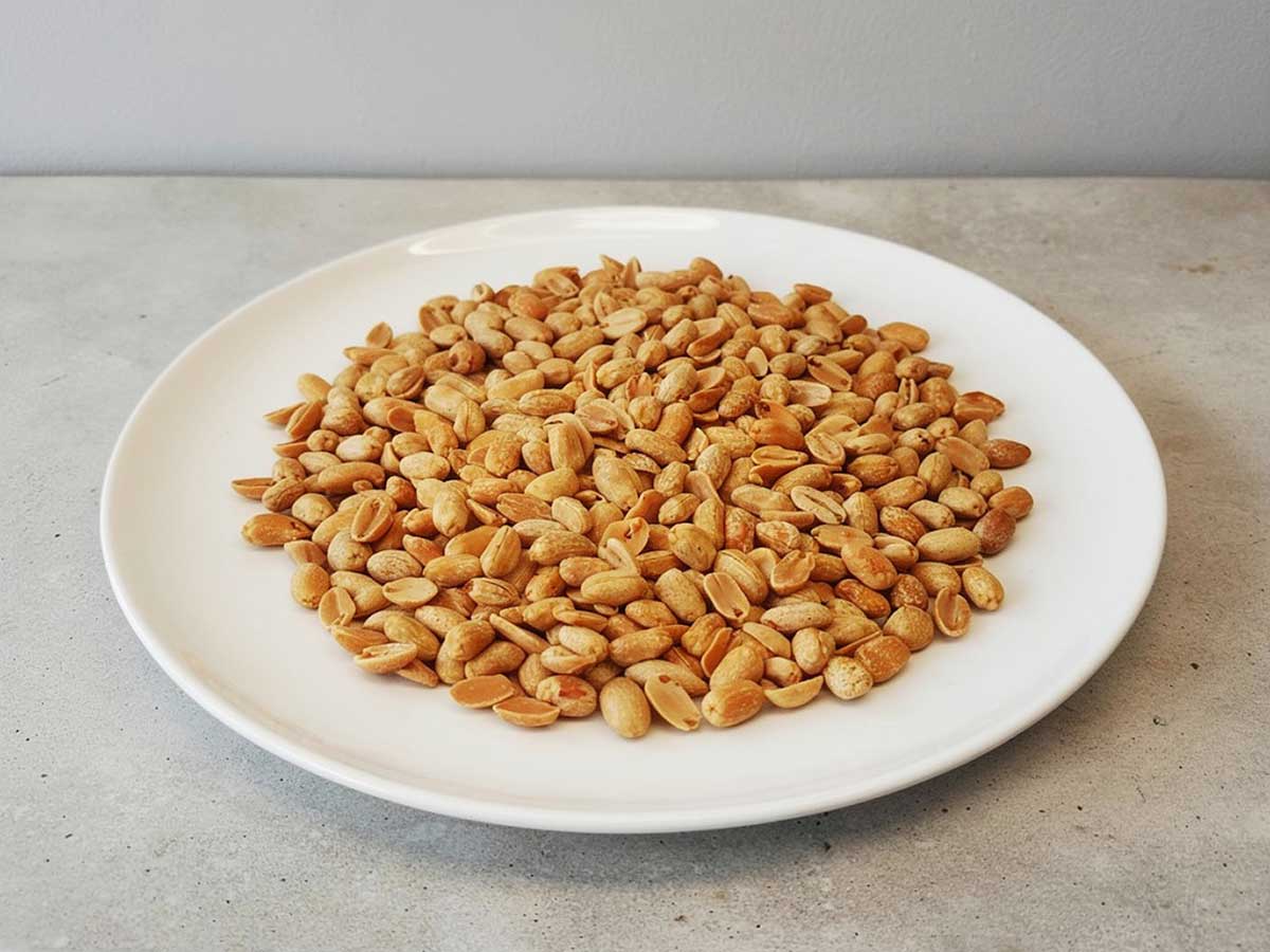Een wit bord met uitgesreide, geroosterde pinda's.